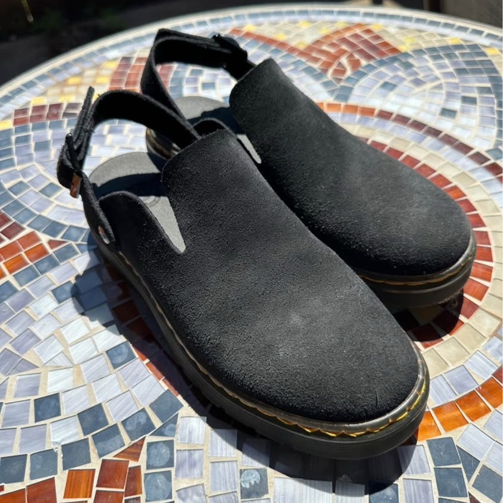 Dr. Martens Black Mules with Yellow Stitching